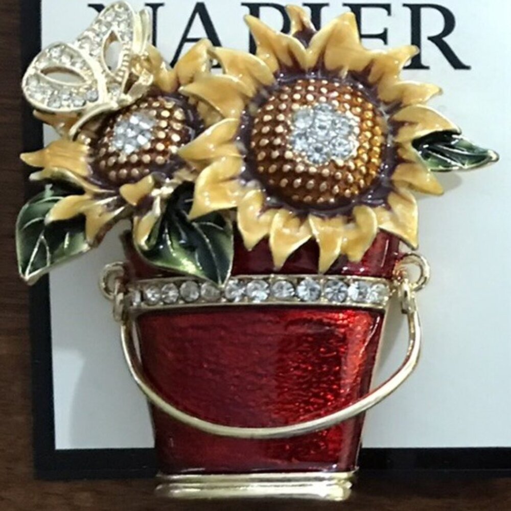 NAPIER Pail of Sunflowers Gold Multicolor Enamel Clear Crystals Brooch Pin**NEW!
